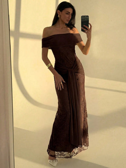 Aloruh Women's Fashion Versatile Pleated Tie-Up Off-Shoulder Elegant Lace Dress Dinner Formal Dark Brown Summer.Suitable For Wedding Guests,Dresses For Women Summer