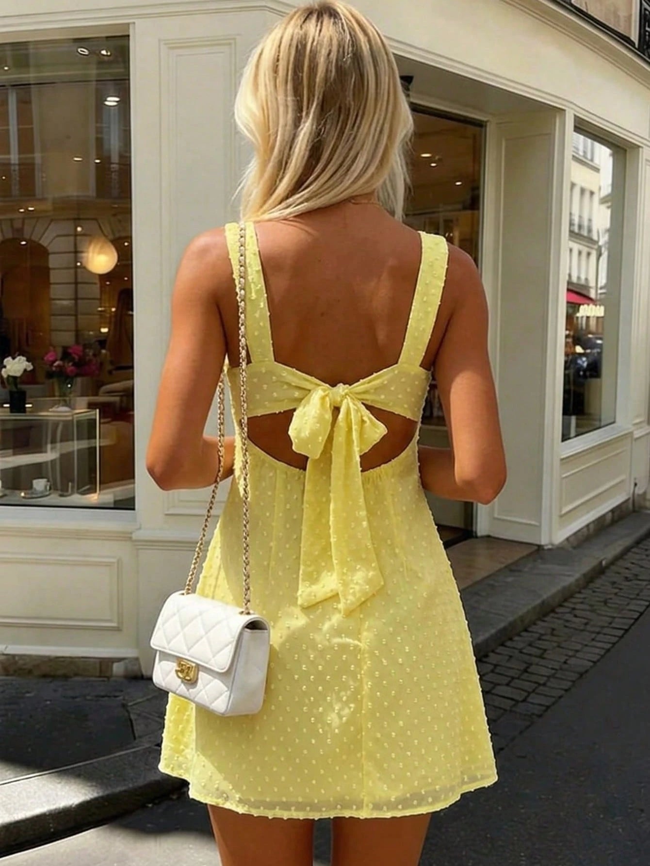 Aloruh Women's Floral Knit Dress, Wedding Vacation Brunch Picnic Guest Holiday Graduation Date Party Solid Color Mini Polka Dot Yellow Backless Umbrella