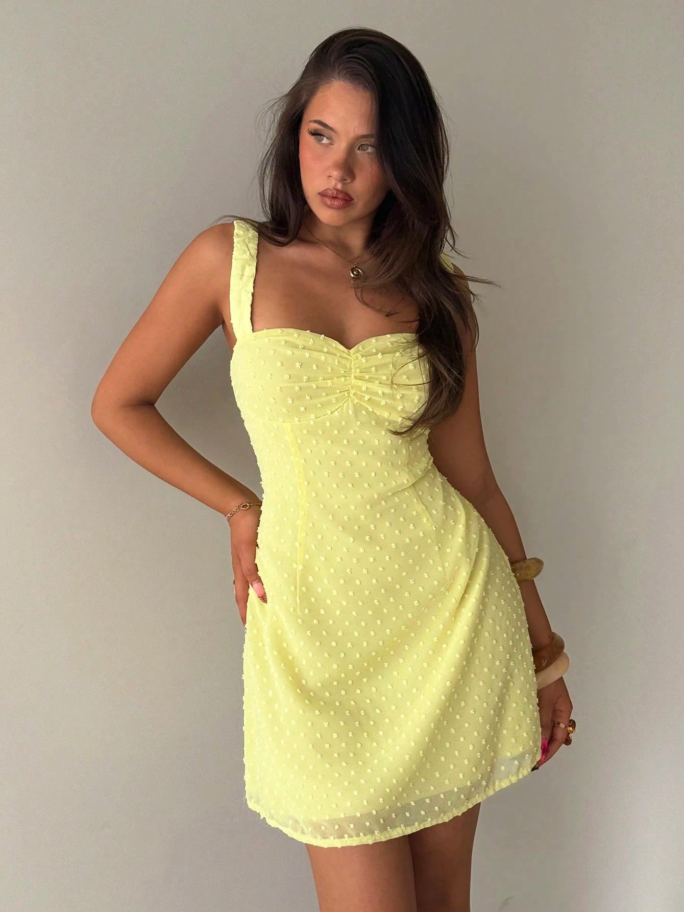 Aloruh Women's Floral Knit Dress, Wedding Vacation Brunch Picnic Guest Holiday Graduation Date Party Solid Color Mini Polka Dot Yellow Backless Umbrella