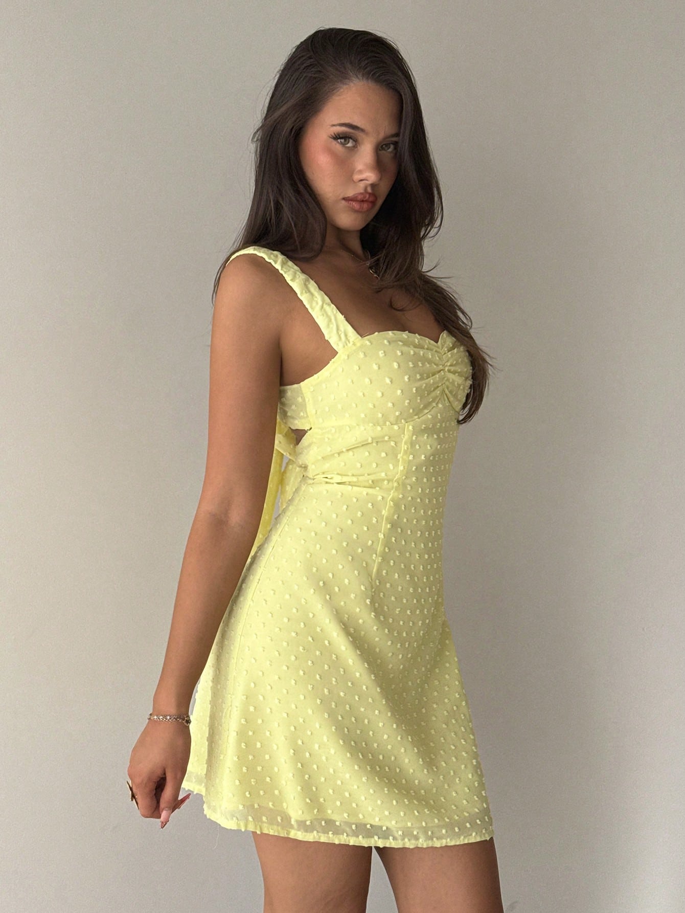 Aloruh Women's Floral Knit Dress, Wedding Vacation Brunch Picnic Guest Holiday Graduation Date Party Solid Color Mini Polka Dot Yellow Backless Umbrella