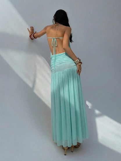 Aloruh Women's Romantic Sexy Solid Blue Strapless Ruched Waist A-Line Dress, Suitable For Spring/Summer Vacation & Date,Summer Dresses For Women