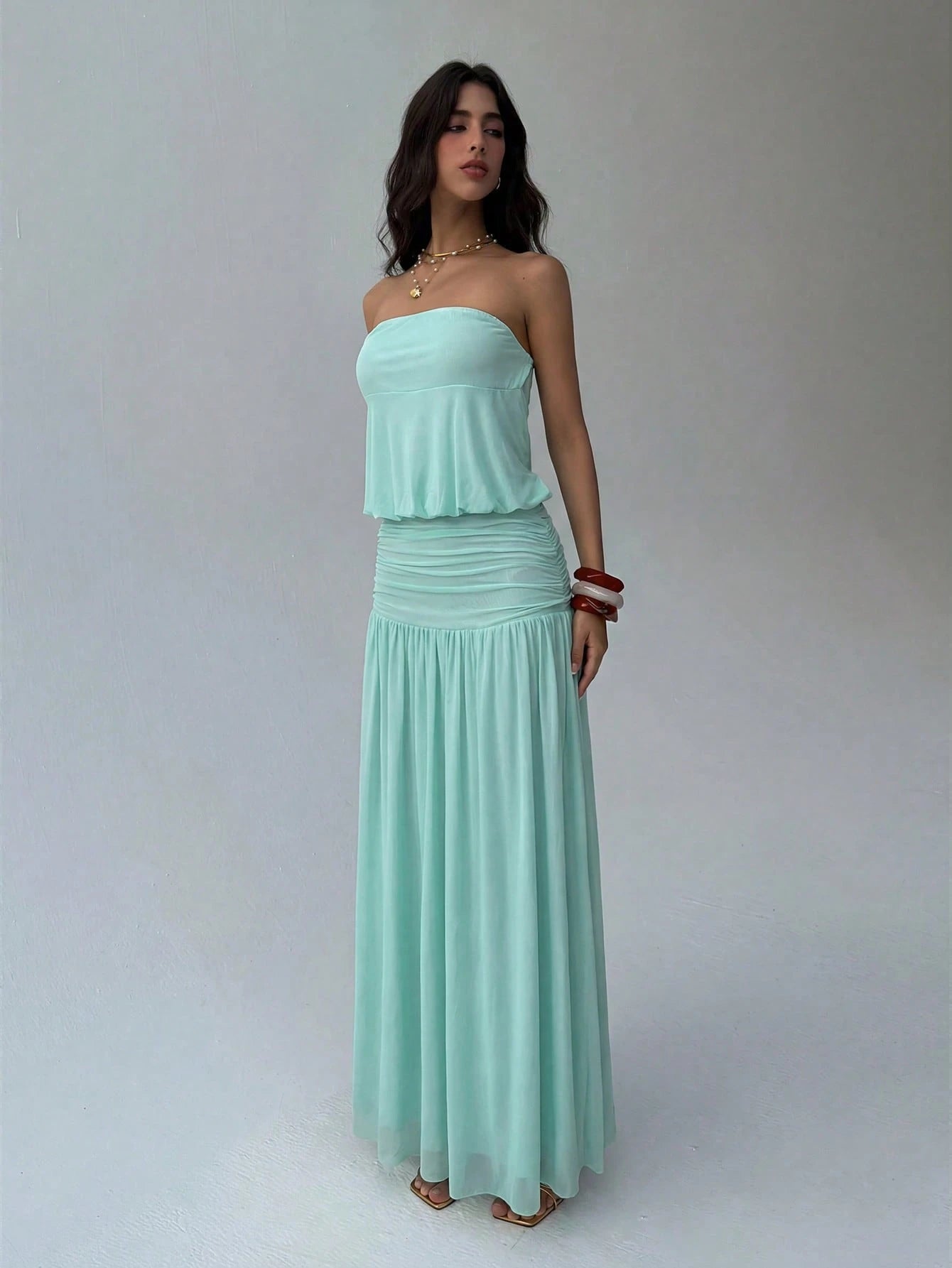 Aloruh Women's Romantic Sexy Solid Blue Strapless Ruched Waist A-Line Dress, Suitable For Spring/Summer Vacation & Date,Summer Dresses For Women