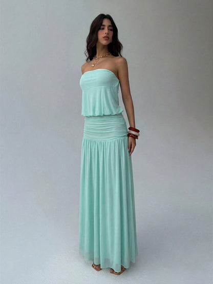 Aloruh Women's Romantic Sexy Solid Blue Strapless Ruched Waist A-Line Dress, Suitable For Spring/Summer Vacation & Date,Summer Dresses For Women