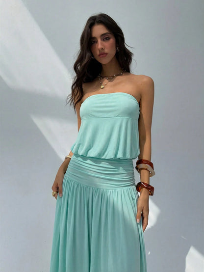 Aloruh Women's Romantic Sexy Solid Blue Strapless Ruched Waist A-Line Dress, Suitable For Spring/Summer Vacation & Date,Summer Dresses For Women