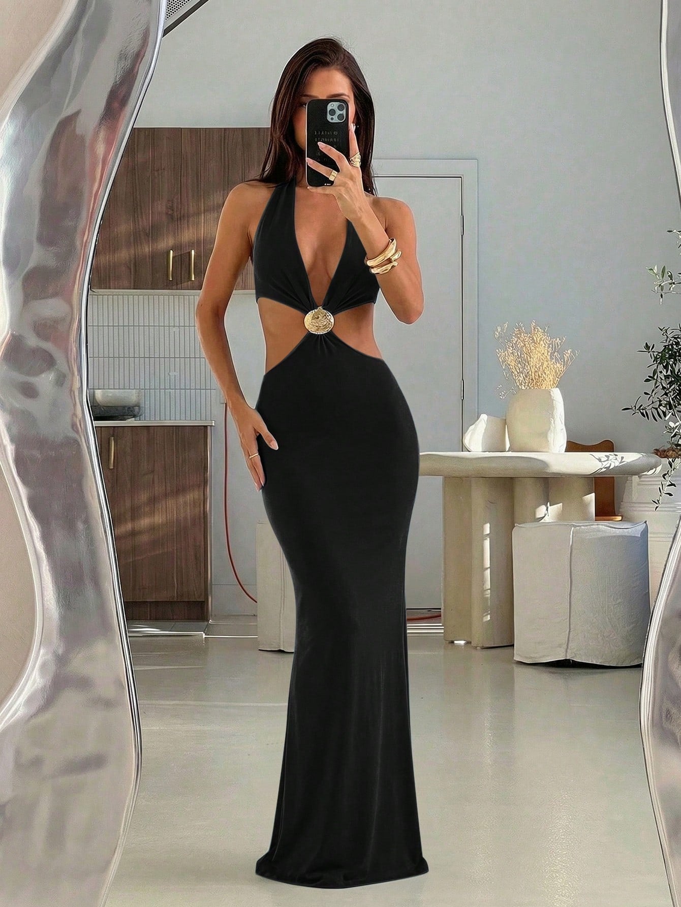 Aloruh Women's Sexy Beach Vacation Deep V Metal Shell Decor Halter Backless Fitted Long Dress, Blue