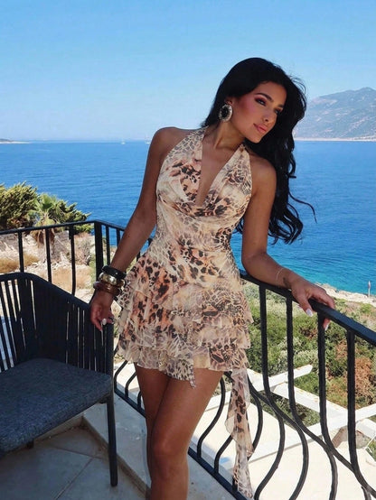 Aloruh Women's Summer Sexy Leopard Print Cowl Neck Backless Draped Neck Ruffle Mini Dress Summer Outfits Clothes Beach Vacation Boho