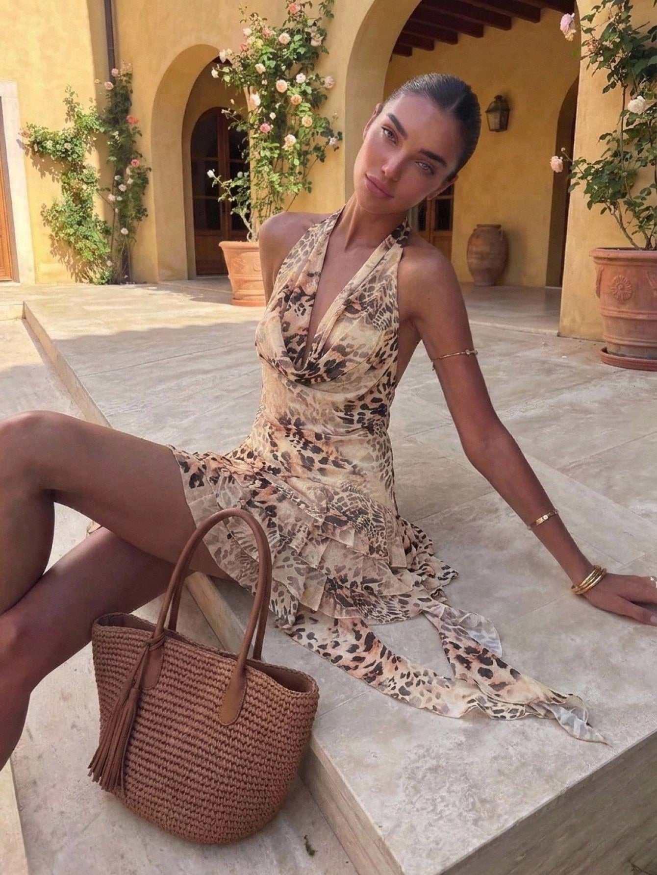 Aloruh Women's Summer Sexy Leopard Print Cowl Neck Backless Draped Neck Ruffle Mini Dress Summer Outfits Clothes Beach Vacation Boho