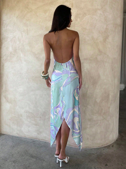 Aloruh Women's Vacation Halter Neck Asymmetric Hem Abstract Print Dress Summer Outfits Clothes Beach Boho Tropical Sexy Modest Light Blue And White
