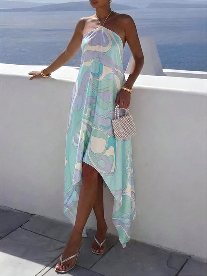 Aloruh Women's Vacation Halter Neck Asymmetric Hem Abstract Print Dress Summer Outfits Clothes Beach Boho Tropical Sexy Modest Light Blue And White