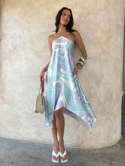 Aloruh Women's Vacation Halter Neck Asymmetric Hem Abstract Print Dress Summer Outfits Clothes Beach Boho Tropical Sexy Modest Light Blue And White