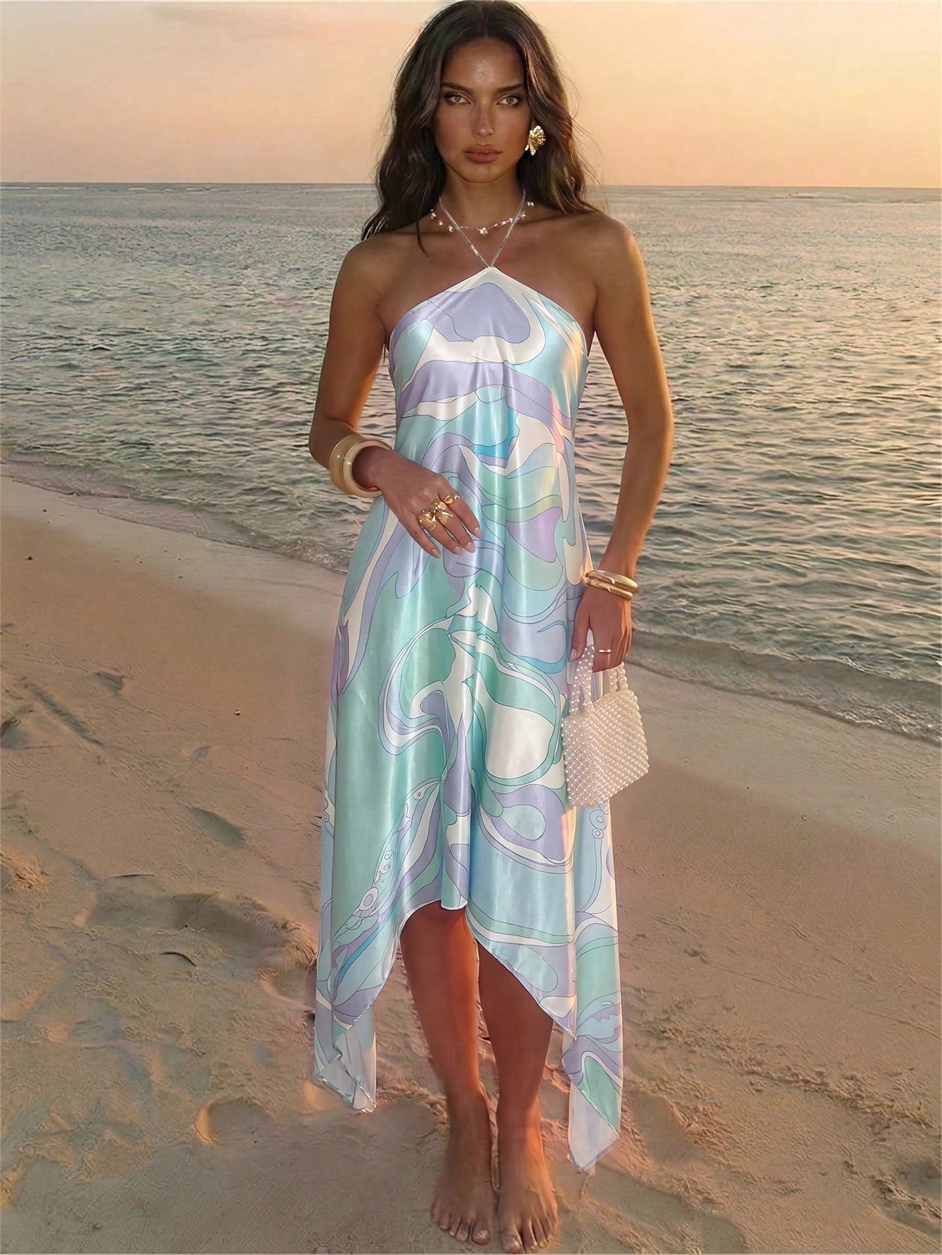 Aloruh Women's Vacation Halter Neck Asymmetric Hem Abstract Print Dress Summer Outfits Clothes Beach Boho Tropical Sexy Modest Light Blue And White
