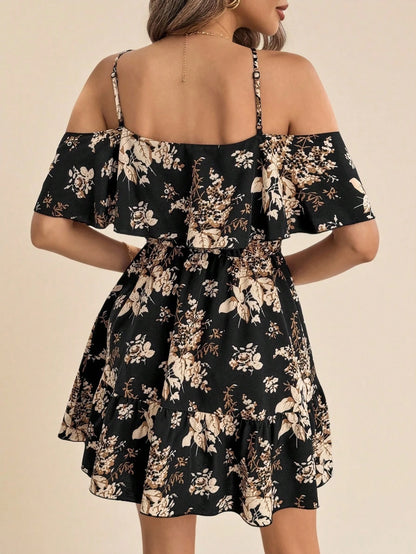 Amorya Women's Romantic Floral & Plant Print Off Shoulder Ruffle Hem Strap Summer Holiday Dress,Summer Dresses For Women Summer Outfit For Women