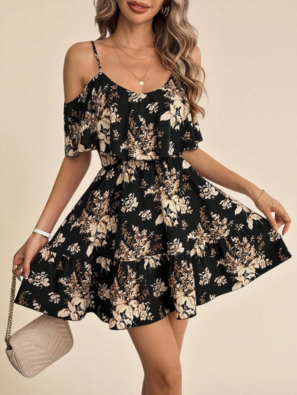 Amorya Women's Romantic Floral & Plant Print Off Shoulder Ruffle Hem Strap Summer Holiday Dress,Summer Dresses For Women Summer Outfit For Women