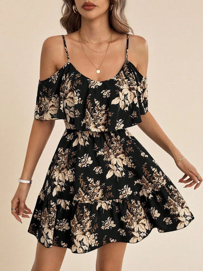 Amorya Women's Romantic Floral & Plant Print Off Shoulder Ruffle Hem Strap Summer Holiday Dress,Summer Dresses For Women Summer Outfit For Women