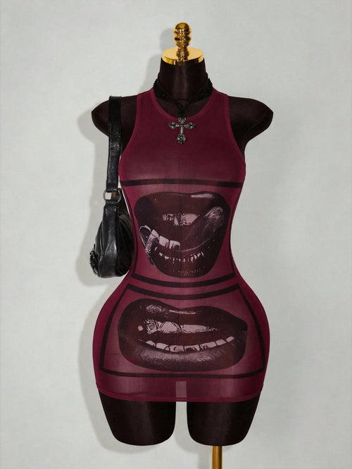 Amplova Women's Round Neck Lip Print Casual Mini Dress, Suitable For Daily Wear, Dating, Outing