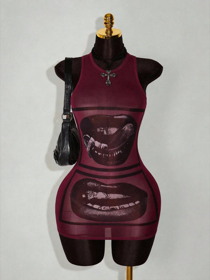 Amplova Women's Round Neck Lip Print Casual Mini Dress, Suitable For Daily Wear, Dating, Outing