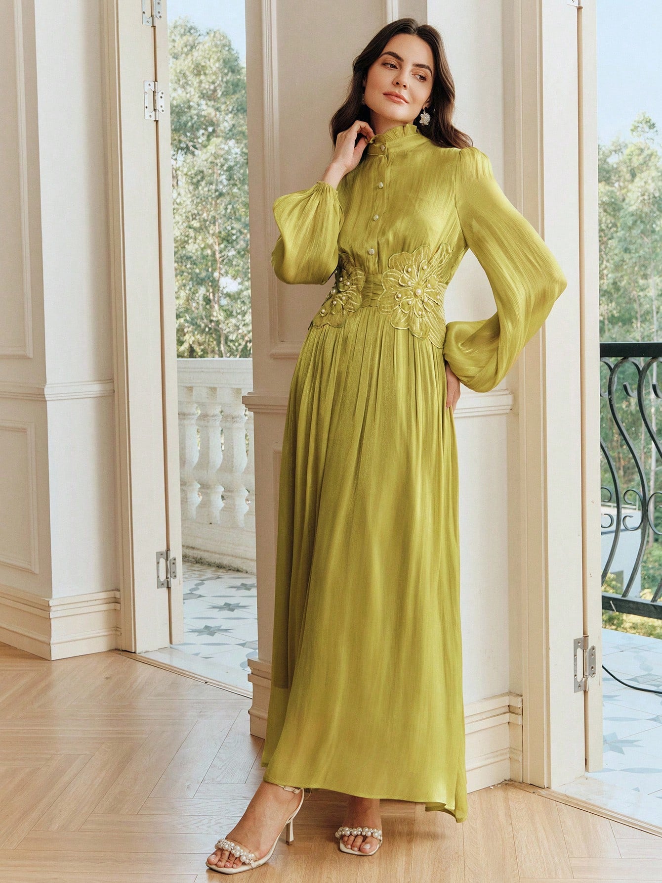 Anewsta Elegant Glossy Fabric Cinched Waist 3D Floral Handmade Beaded Decor Petal Sleeve Full Skirt New Women's Dress Holiday Celebration Casual Kaftan Long Robe Gown