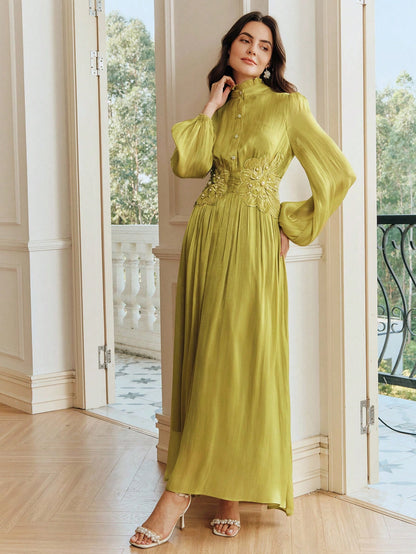 Anewsta Elegant Glossy Fabric Cinched Waist 3D Floral Handmade Beaded Decor Petal Sleeve Full Skirt New Women's Dress Holiday Celebration Casual Kaftan Long Robe Gown