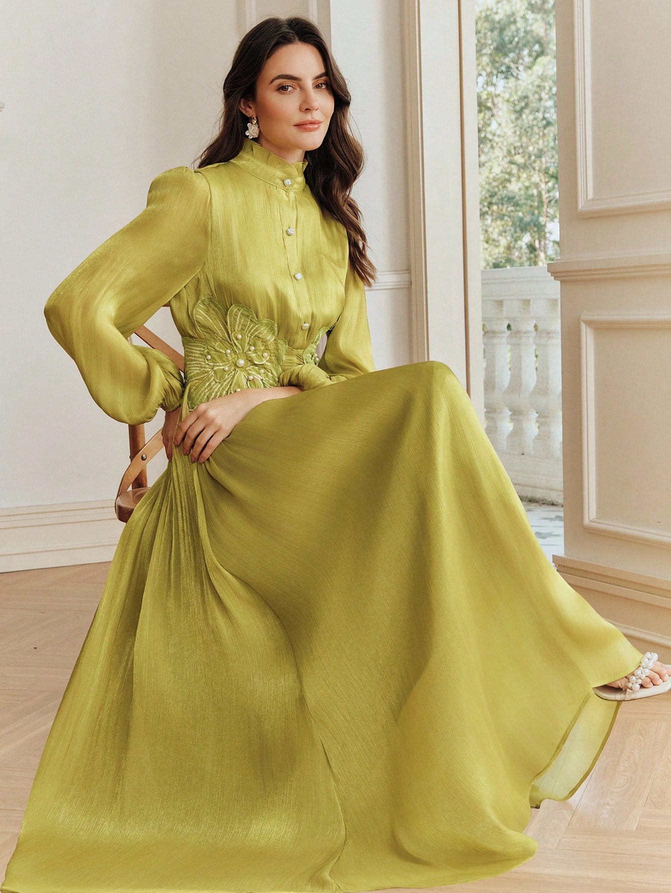 Anewsta Elegant Glossy Fabric Cinched Waist 3D Floral Handmade Beaded Decor Petal Sleeve Full Skirt New Women's Dress Holiday Celebration Casual Kaftan Long Robe Gown