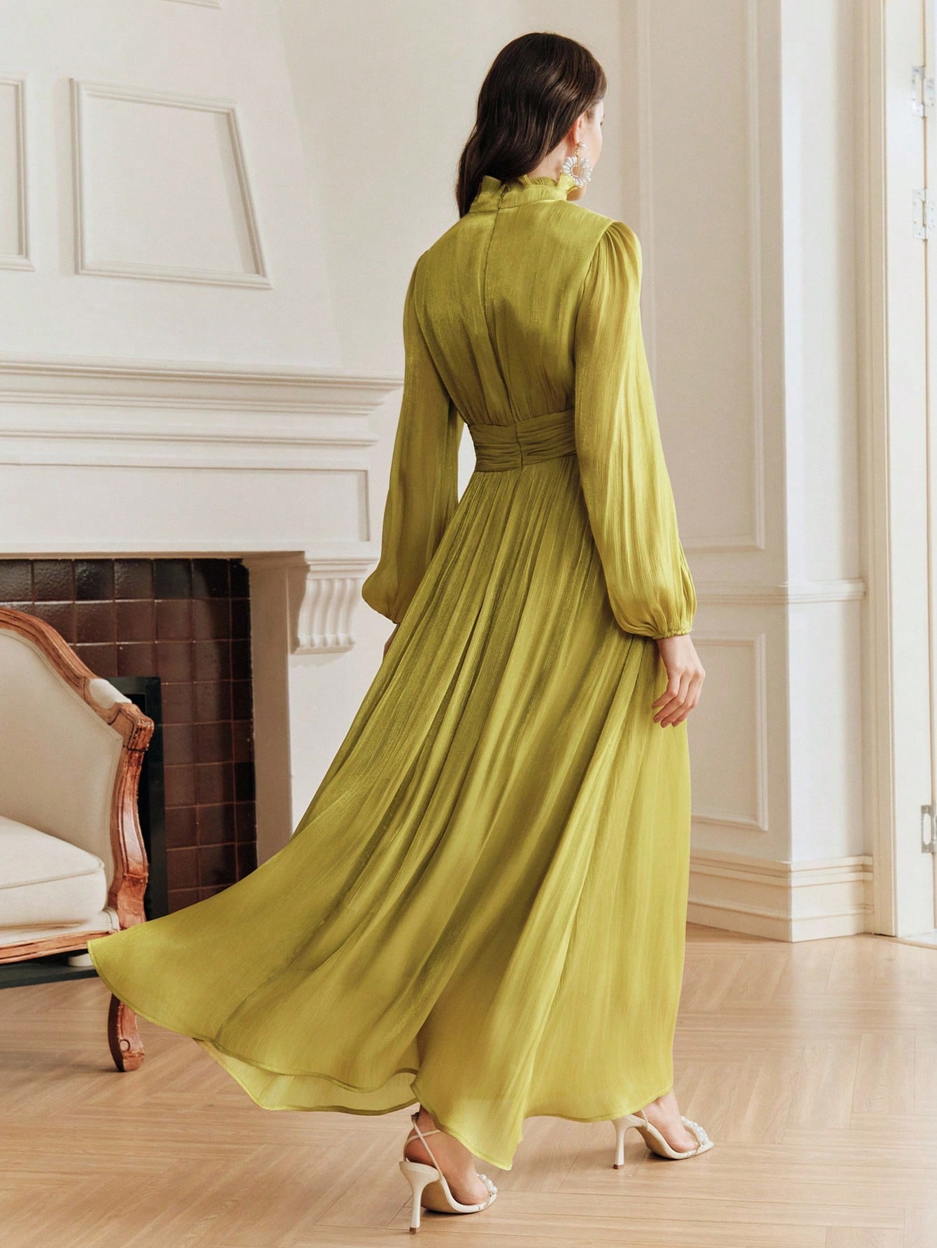 Anewsta Elegant Glossy Fabric Cinched Waist 3D Floral Handmade Beaded Decor Petal Sleeve Full Skirt New Women's Dress Holiday Celebration Casual Kaftan Long Robe Gown