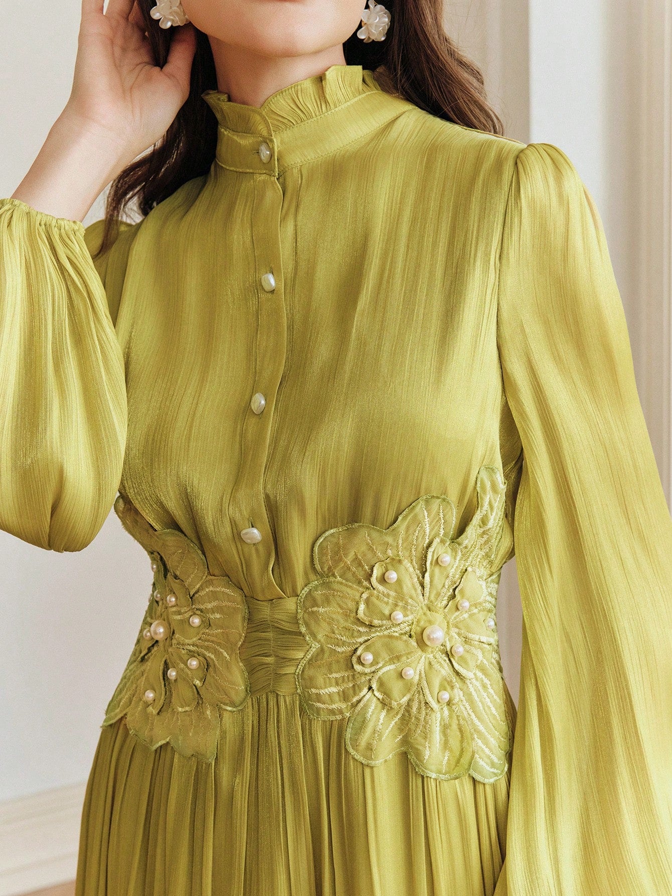 Anewsta Elegant Glossy Fabric Cinched Waist 3D Floral Handmade Beaded Decor Petal Sleeve Full Skirt New Women's Dress Holiday Celebration Casual Kaftan Long Robe Gown