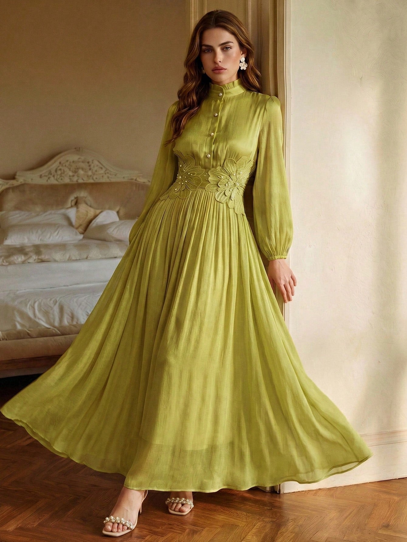 Anewsta Elegant Glossy Fabric Cinched Waist 3D Floral Handmade Beaded Decor Petal Sleeve Full Skirt New Women's Dress Holiday Celebration Casual Kaftan Long Robe Gown