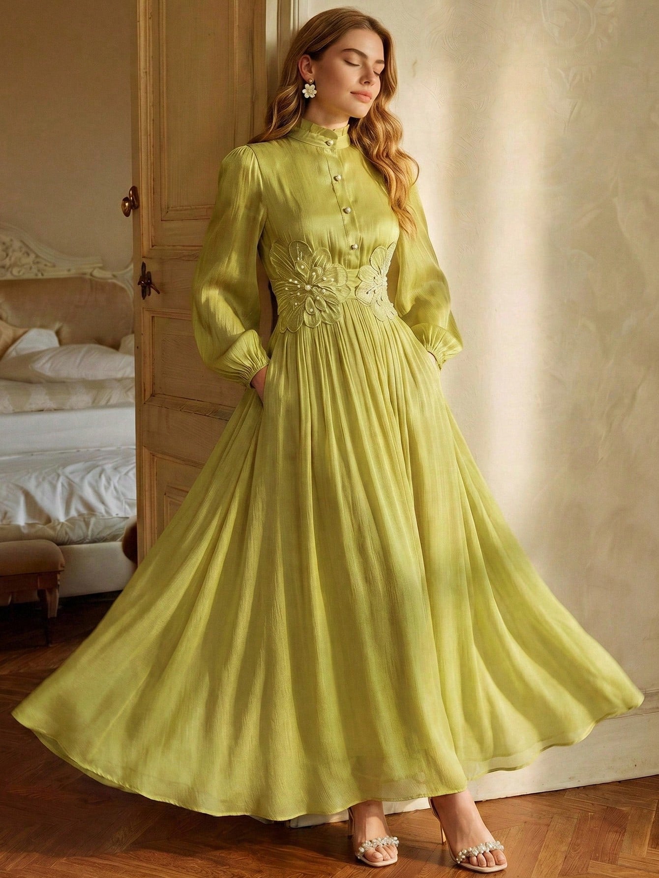 Anewsta Elegant Glossy Fabric Cinched Waist 3D Floral Handmade Beaded Decor Petal Sleeve Full Skirt New Women's Dress Holiday Celebration Casual Kaftan Long Robe Gown