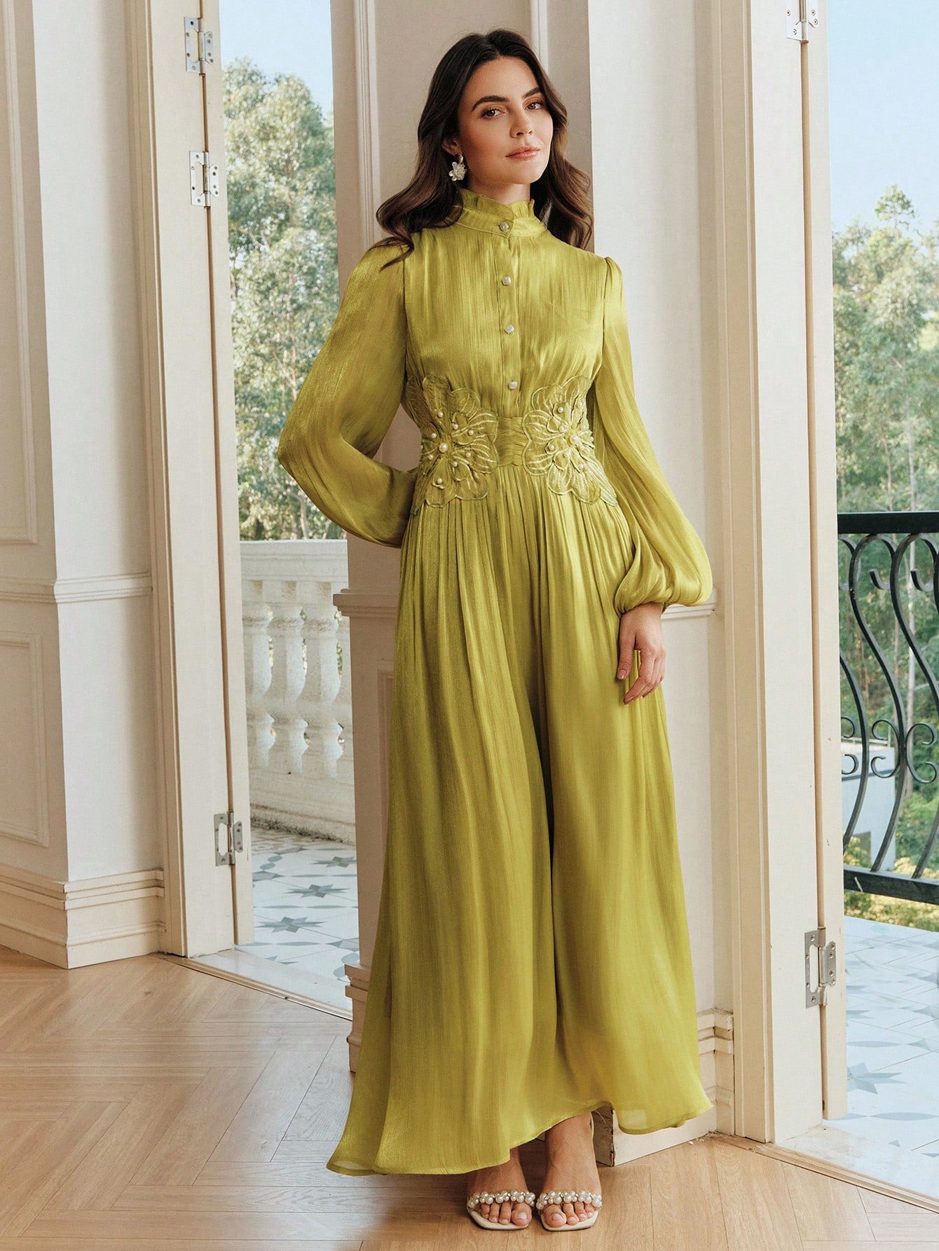 Anewsta Elegant Glossy Fabric Cinched Waist 3D Floral Handmade Beaded Decor Petal Sleeve Full Skirt New Women's Dress Holiday Celebration Casual Kaftan Long Robe Gown