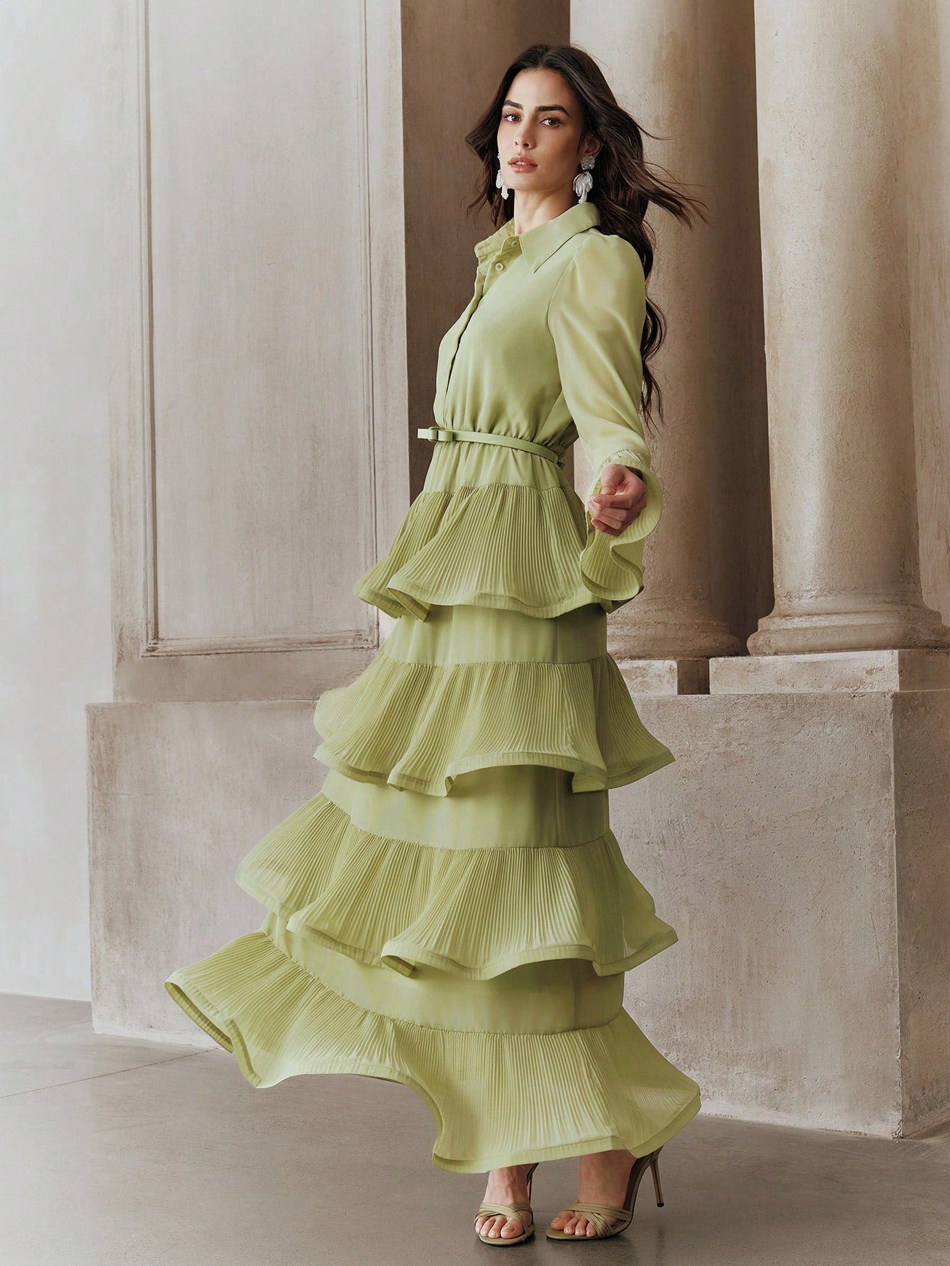 Anewsta Women's Elegant Ruffle Sleeve Solid Color Belted Dress With Pleated Hem, Suitable For Party