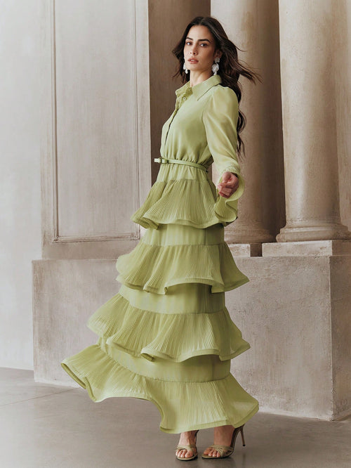 Anewsta Women's Elegant Ruffle Sleeve Solid Color Belted Dress With Pleated Hem, Suitable For Party