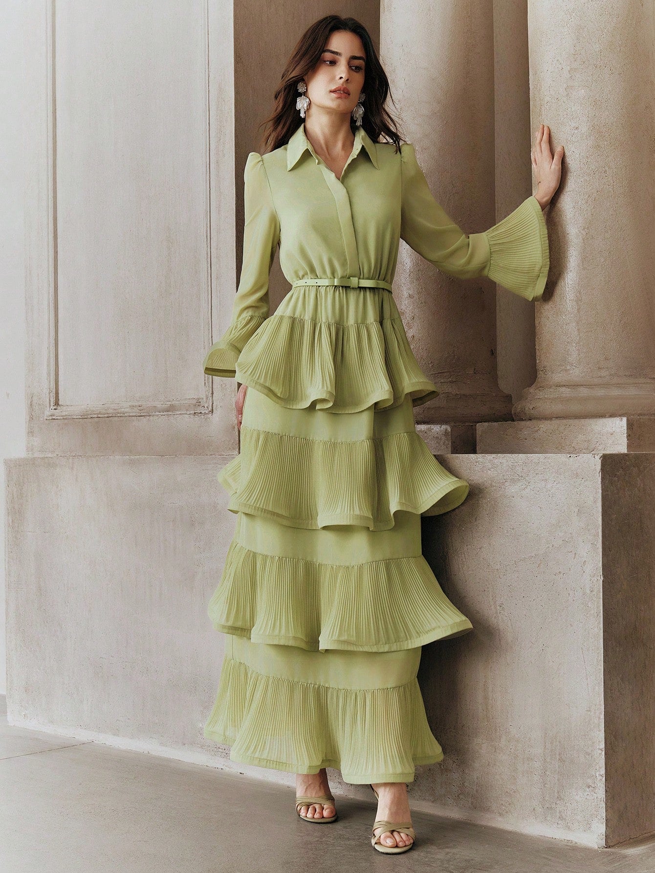 Anewsta Women's Elegant Ruffle Sleeve Solid Color Belted Dress With Pleated Hem, Suitable For Party