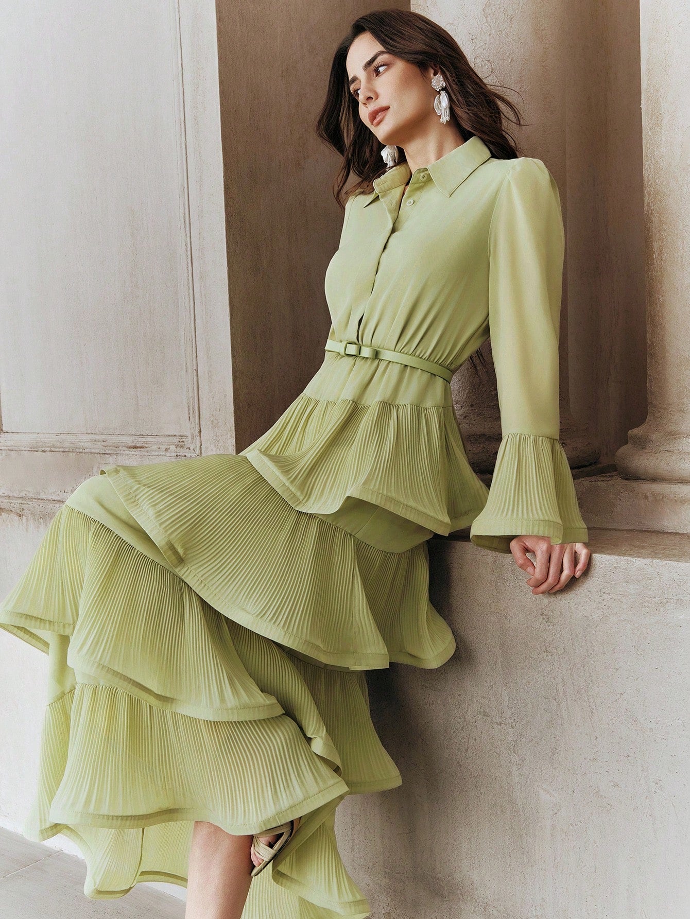 Anewsta Women's Elegant Ruffle Sleeve Solid Color Belted Dress With Pleated Hem, Suitable For Party