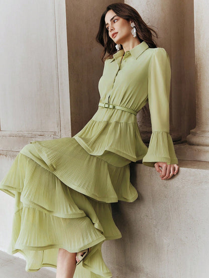 Anewsta Women's Elegant Ruffle Sleeve Solid Color Belted Dress With Pleated Hem, Suitable For Party