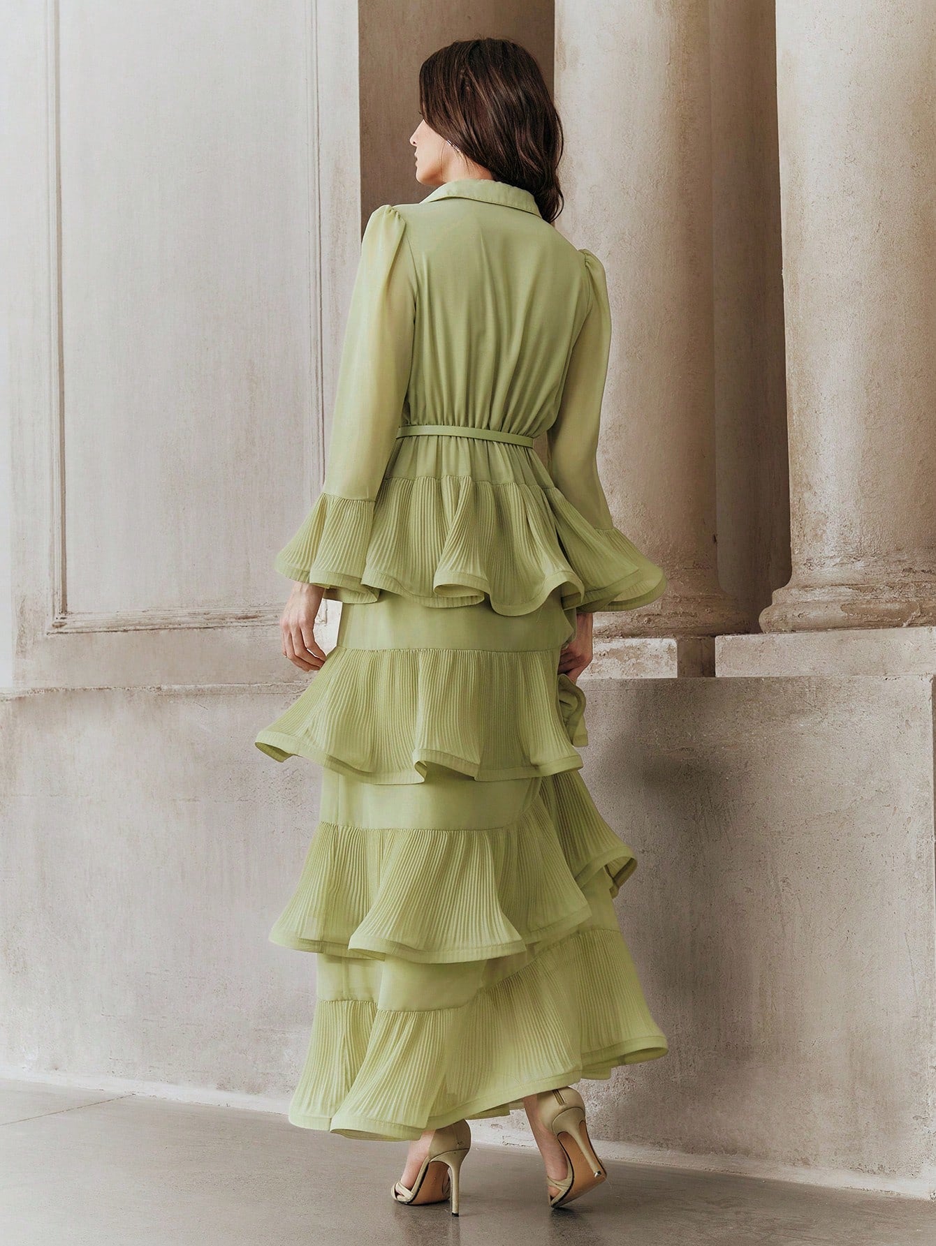 Anewsta Women's Elegant Ruffle Sleeve Solid Color Belted Dress With Pleated Hem, Suitable For Party