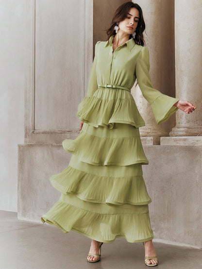 Anewsta Women's Elegant Ruffle Sleeve Solid Color Belted Dress With Pleated Hem, Suitable For Party
