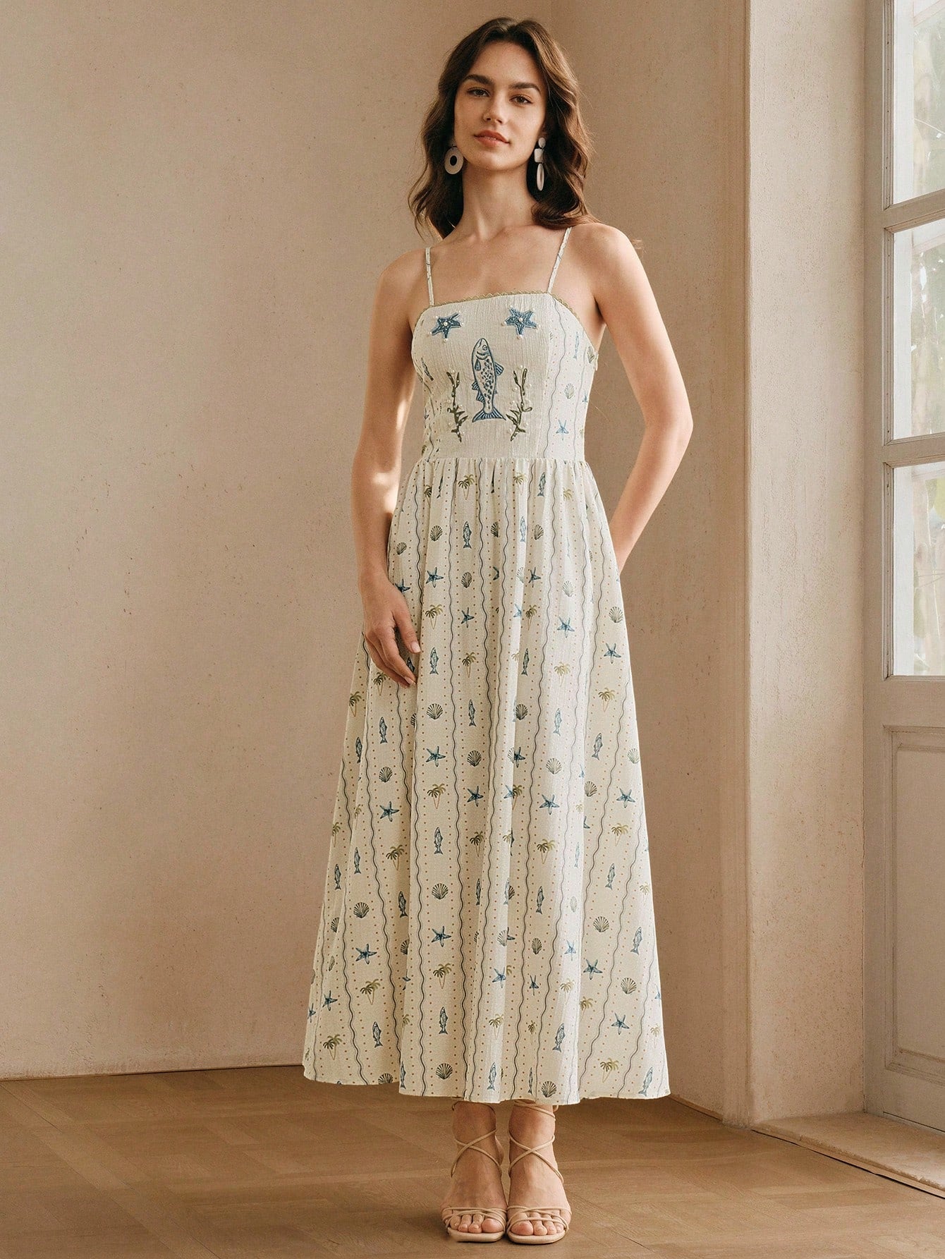 Anewsta Women's Mid-Length Beach Vacation Style Printed Spaghetti Strap Beaded Dress