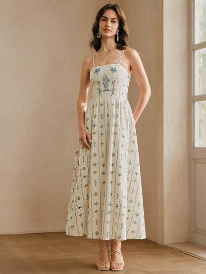 Anewsta Women's Mid-Length Beach Vacation Style Printed Spaghetti Strap Beaded Dress