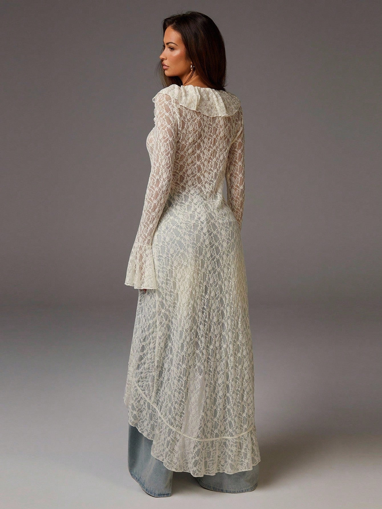 Athîral Women's Elegant Solid Color Lace Ruffle Flare Sleeve Dress Lace Outfit Women Lace Duster Lace Cardigan Anthropologie Clothes Free People