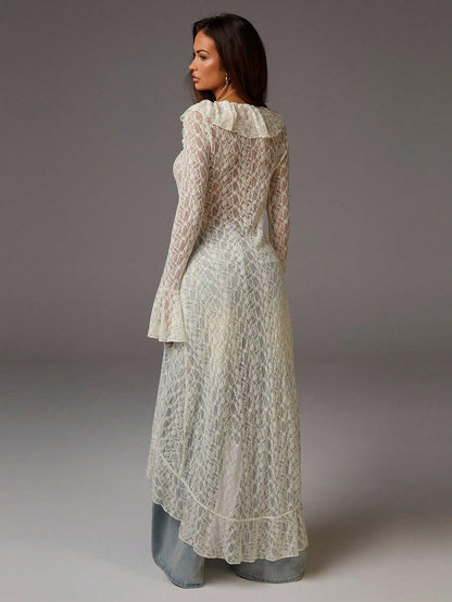 Athîral Women's Elegant Solid Color Lace Ruffle Flare Sleeve Dress Lace Outfit Women Lace Duster Lace Cardigan Anthropologie Clothes Free People