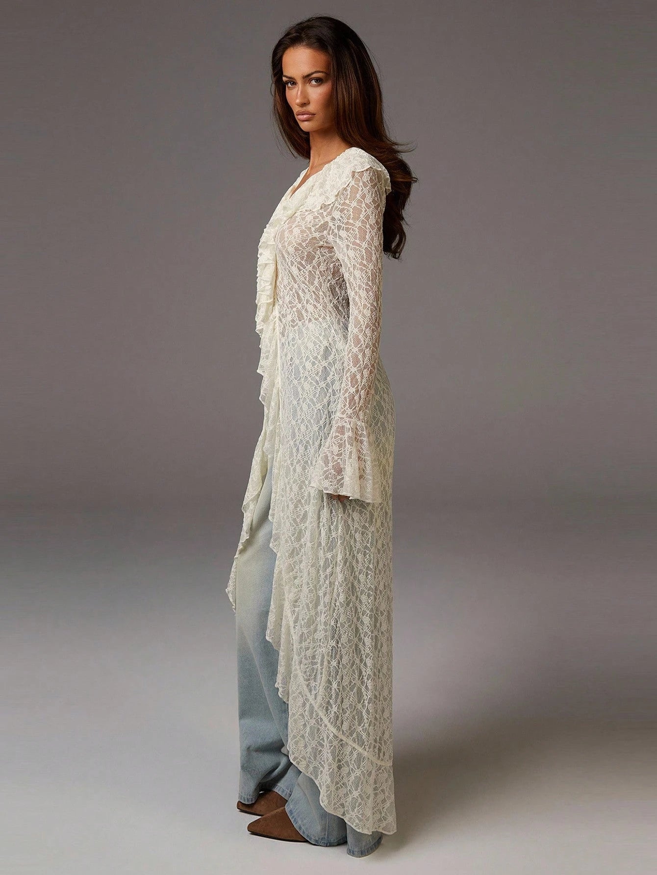 Athîral Women's Elegant Solid Color Lace Ruffle Flare Sleeve Dress Lace Outfit Women Lace Duster Lace Cardigan Anthropologie Clothes Free People
