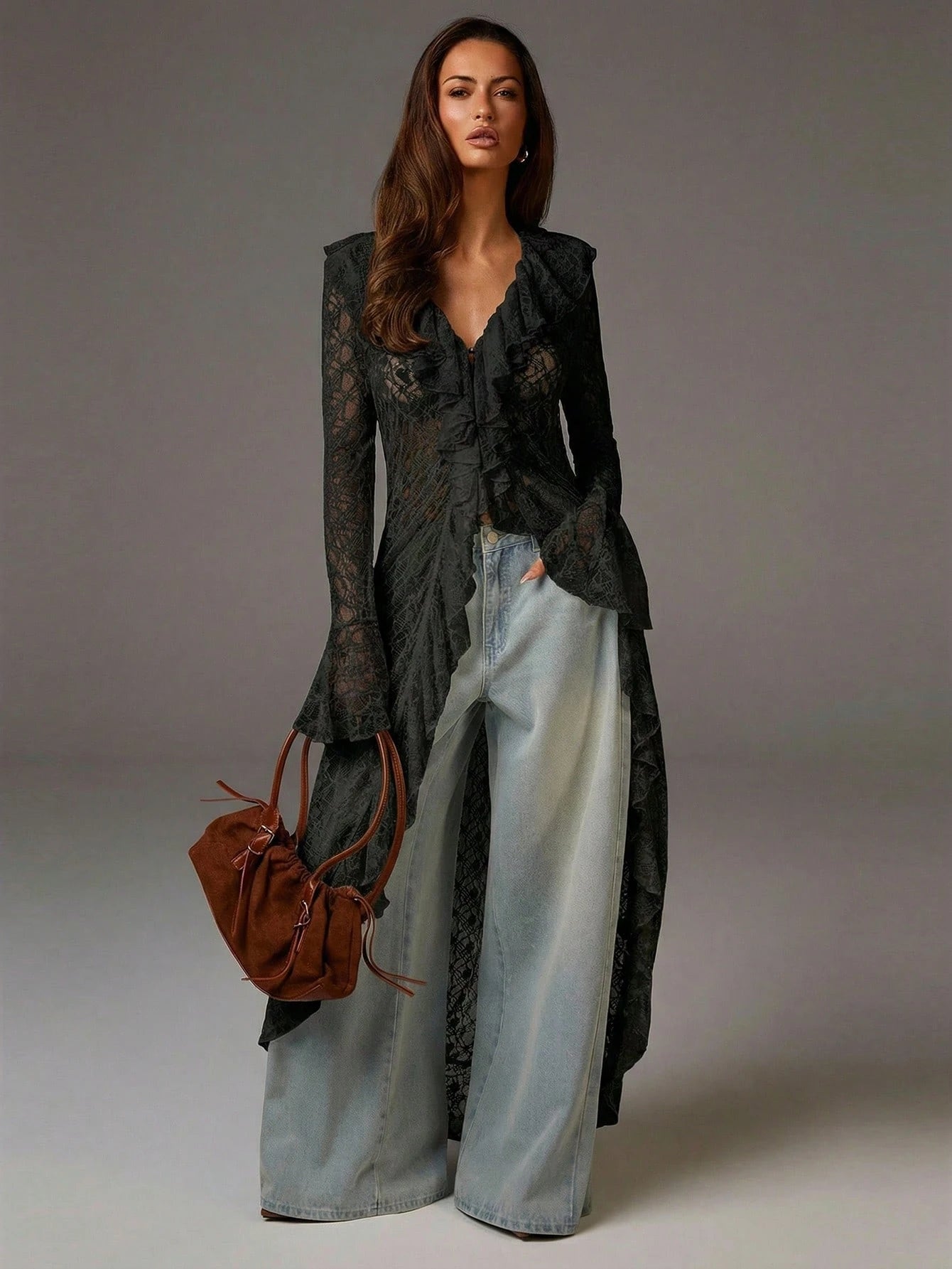 Athîral Women's Elegant Solid Color Lace Ruffle Flare Sleeve Dress Lace Outfit Women Lace Duster Lace Cardigan Anthropologie Clothes Free People