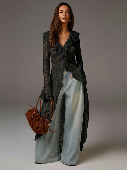 Athîral Women's Elegant Solid Color Lace Ruffle Flare Sleeve Dress Lace Outfit Women Lace Duster Lace Cardigan Anthropologie Clothes Free People