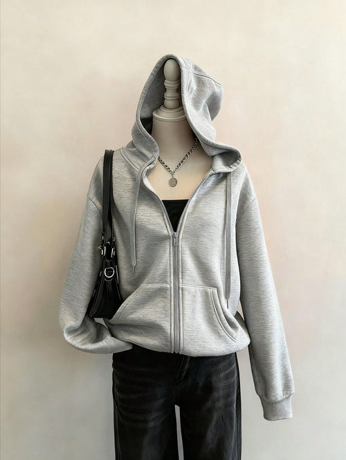 Attitoon Casual Sporty Retro Style American Vintage College Loose Fit Thermal Lined Zip Up Hoodie Sweatshirt With Pockets For Women In Autumn/Winter
