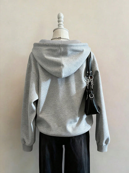 Attitoon Casual Sporty Retro Style American Vintage College Loose Fit Thermal Lined Zip Up Hoodie Sweatshirt With Pockets For Women In Autumn/Winter
