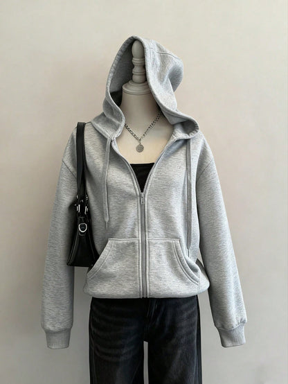 Attitoon Casual Sporty Retro Style American Vintage College Loose Fit Thermal Lined Zip Up Hoodie Sweatshirt With Pockets For Women In Autumn/Winter
