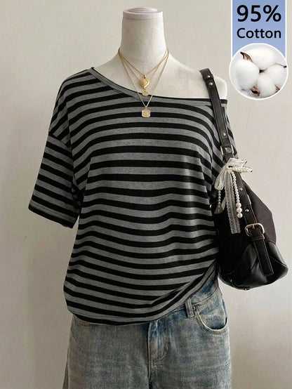 Attitoon Women's 95% Cotton Black/Grey Striped Off-Shoulder Tee- Y2K Streetwear, Summer/Home, Soft Girl,Punk