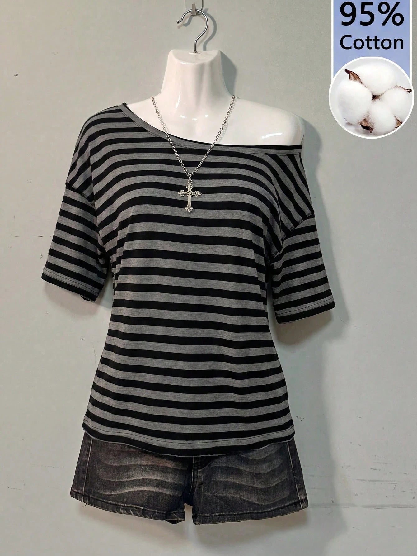 Attitoon Women's 95% Cotton Black/Grey Striped Off-Shoulder Tee- Y2K Streetwear, Summer/Home, Soft Girl,Punk
