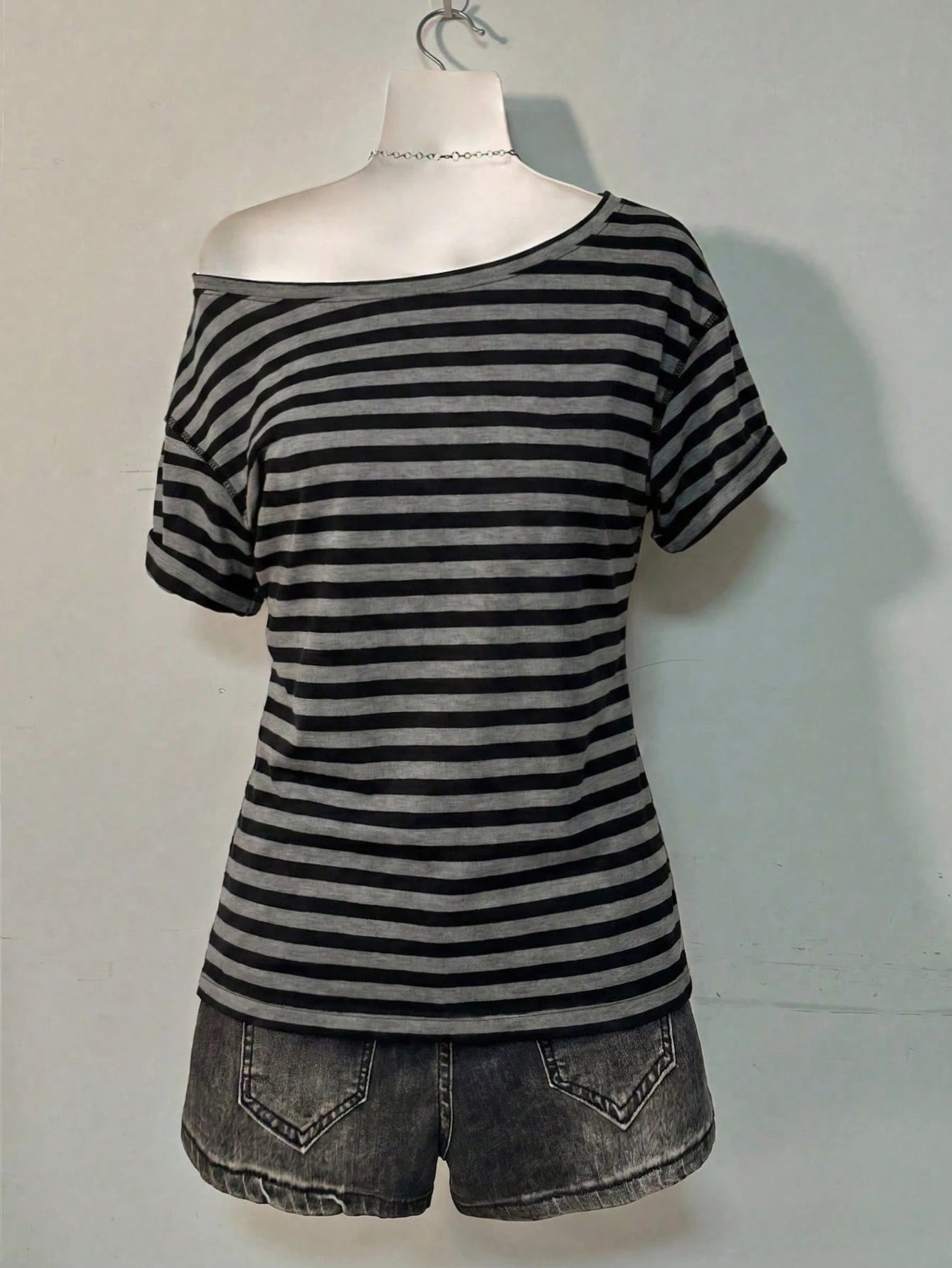 Attitoon Women's 95% Cotton Black/Grey Striped Off-Shoulder Tee- Y2K Streetwear, Summer/Home, Soft Girl,Punk