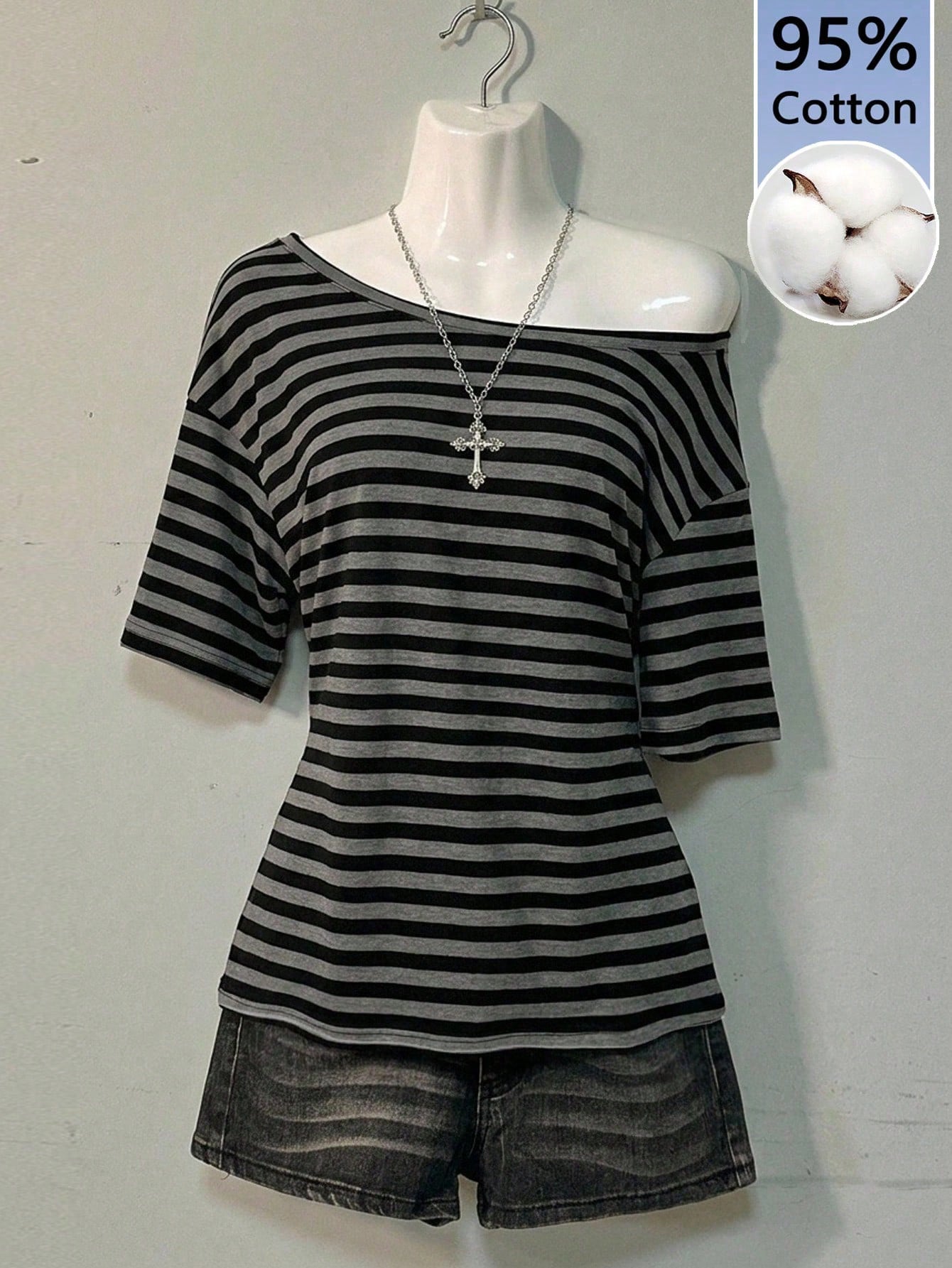 Attitoon Women's 95% Cotton Black/Grey Striped Off-Shoulder Tee- Y2K Streetwear, Summer/Home, Soft Girl,Punk