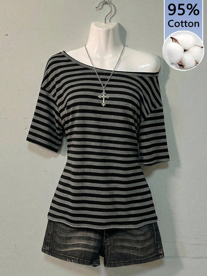 Attitoon Women's 95% Cotton Black/Grey Striped Off-Shoulder Tee- Y2K Streetwear, Summer/Home, Soft Girl,Punk
